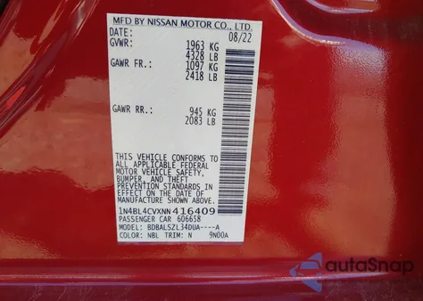 2022 Nissan Altima Sr Fwd z USA, uszkodzony, nr VIN 1N4BL4CVXNN416409